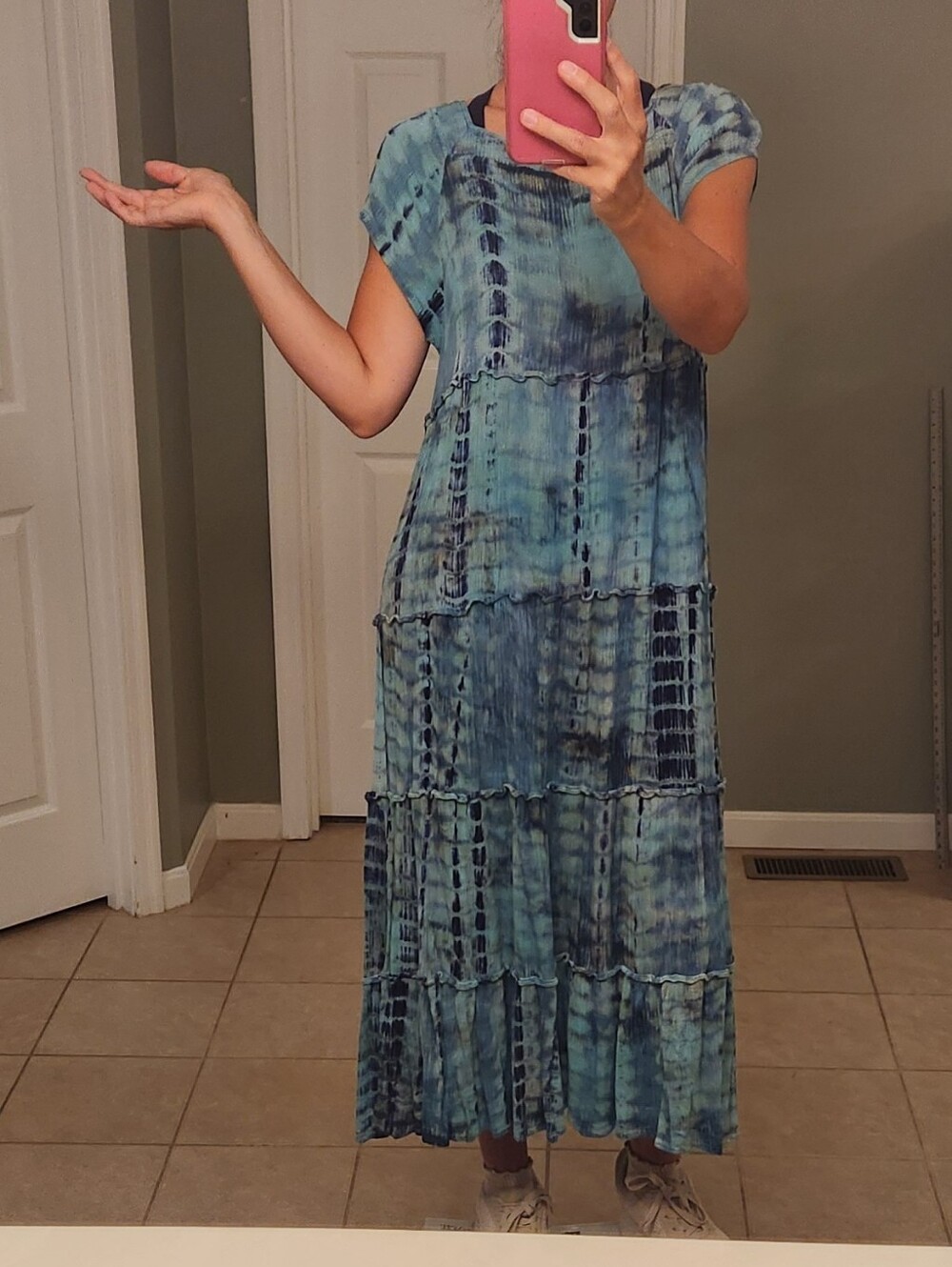 NATURAL LIFE Blue Tie-Dye Tiered Maxi Dress Size L Flattering Fit - Picture 3 of 11